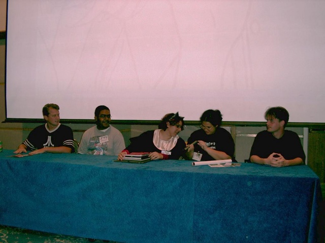 Webcomics panel - Left to right, Aaron (clanbob.net), Edwin (Get A Life, getalife.mspencer.net), Deanna (redhalos.com), Kristal (Get A Life), Dan (clanbob.net)