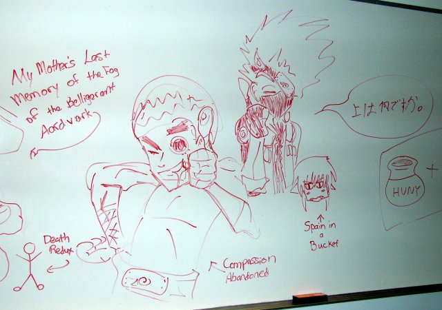 Rock Lee and Kakashi (Naruto), and who I believe to be Merle (Vision of Escaflowne). Also featuring the left half of the pictogram for "Honey Flash!", which is Cutie Honey's transformation sequence - in which, well, she flashes everyone. (Why can't they come up with a magical girl transformation sequence that doesn't involve nudity? I mean, that's gotta be a pain in the arse when you have to transform in the middle of the Florida Everglades where there are four mosquitoes per cubic foot of air.... or in <-60F temperatures.