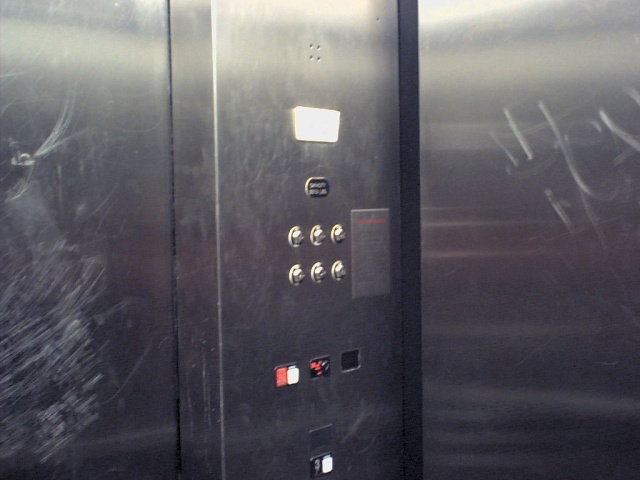 Interior of one of the campus's many horrid old Schindler elevators, notorious for constantly breaking down, getting stuck, shuddering, grinding, grating, having parts fall off, etc...