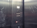 Interior of one of the campus's many horrid old Schindler elevators, notorious for constantly breaking down, getting stuck, shuddering, grinding, grating, having parts fall off, etc...